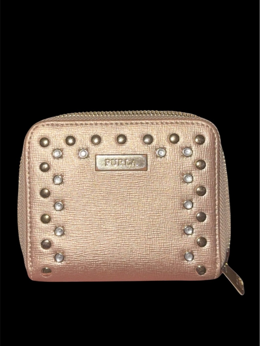 Furla Metallic Rose Gold Studded Zip-Around Wallet